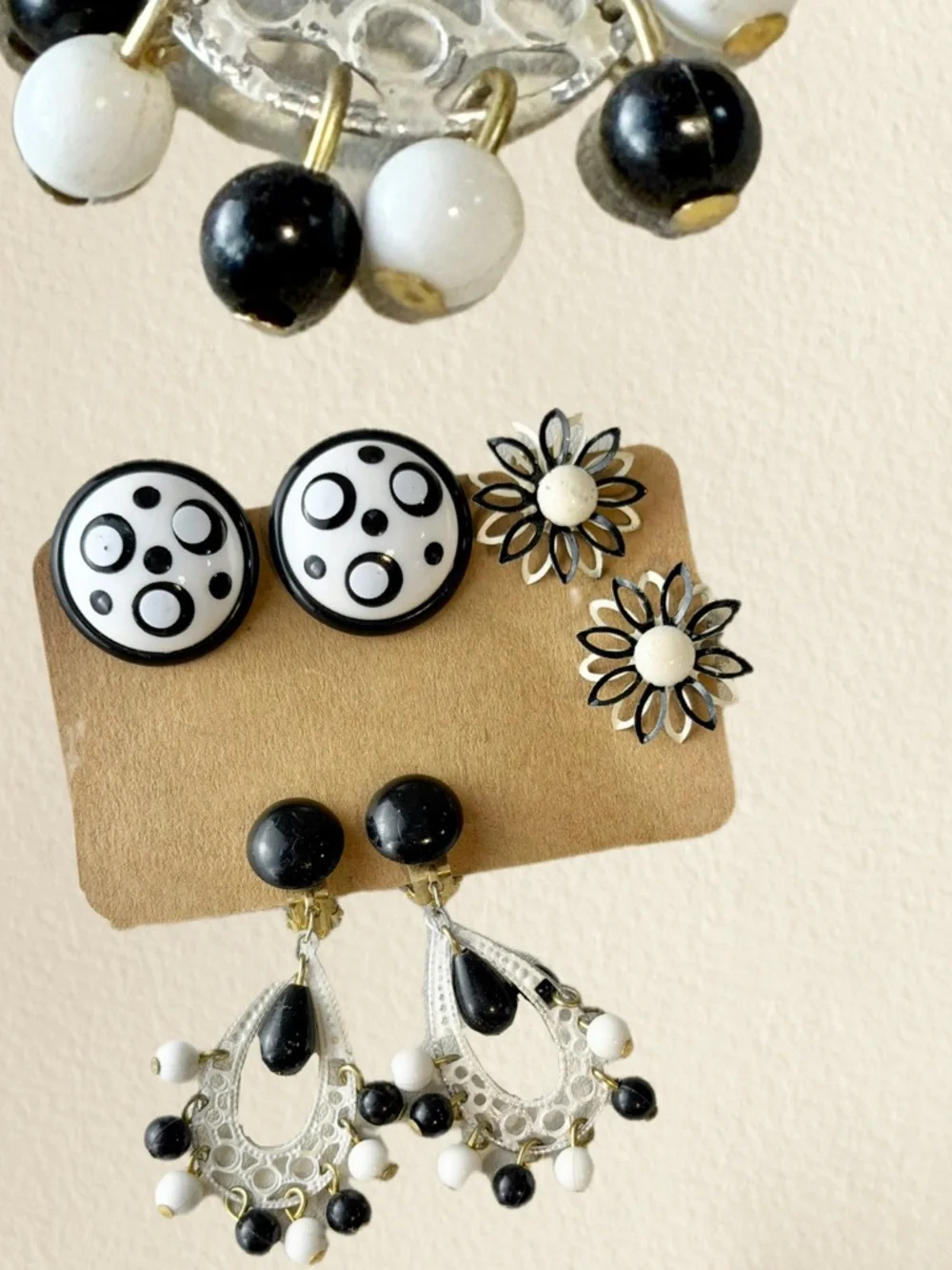 VINTAGE MCM tuxedo glam earring trio set estate jewelry clip enamel dangle bead
